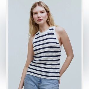 Madewell Crochet-Knit Crewneck Sweater Tank Blue and White size small